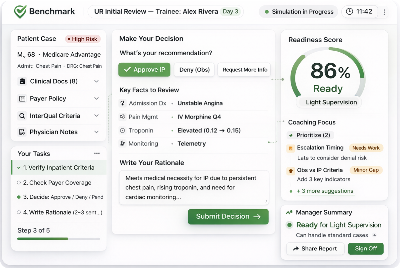 Benchmark workflow simulation — readiness score and manager summary